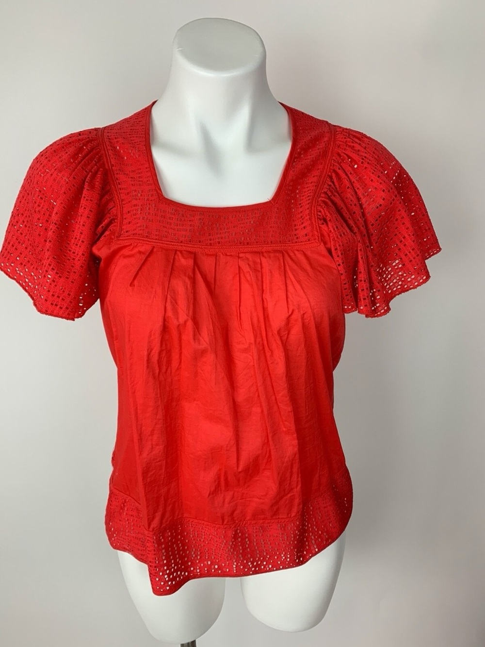 NwT; PEPIN Anthropologie Red Orange Eyelet Flutter Sleeve Blouse Top 🔴